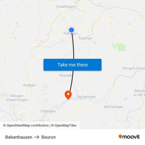 Bebenhausen to Beuron map