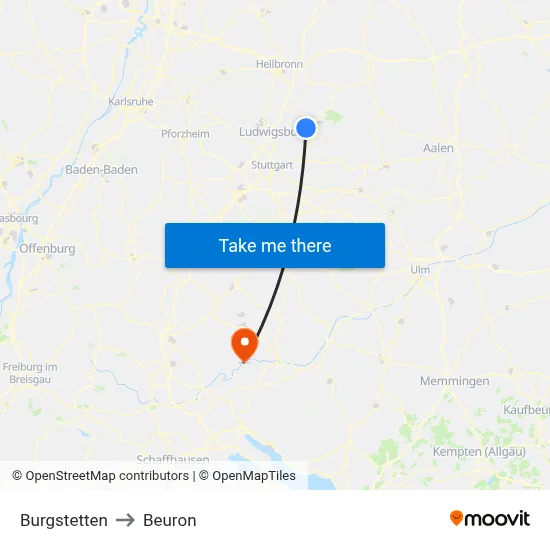 Burgstetten to Beuron map