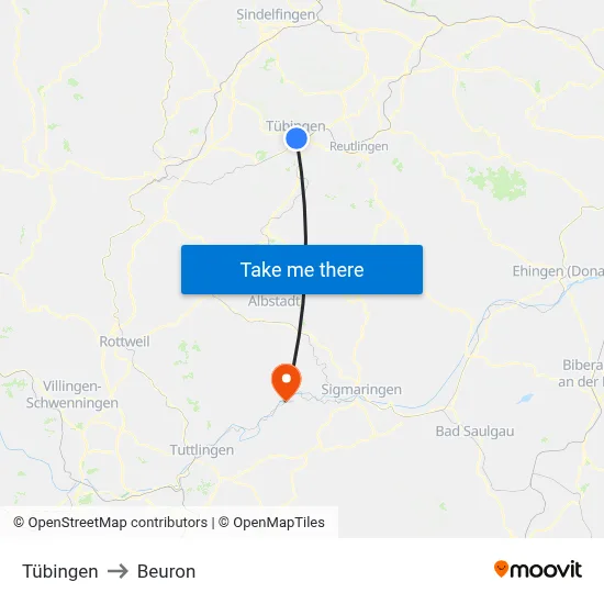 Tübingen to Beuron map