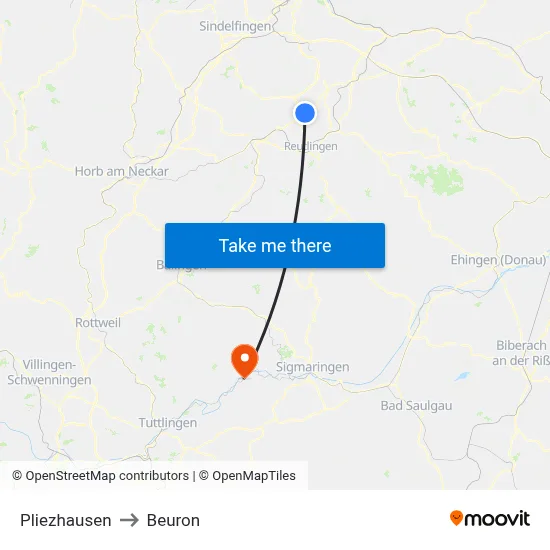 Pliezhausen to Beuron map