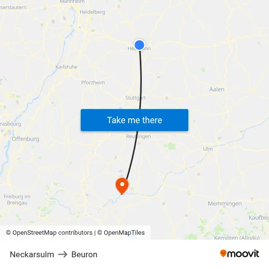 Neckarsulm to Beuron map