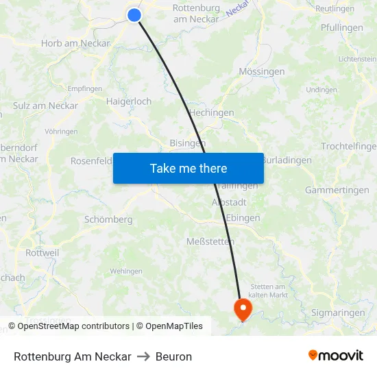Rottenburg Am Neckar to Beuron map