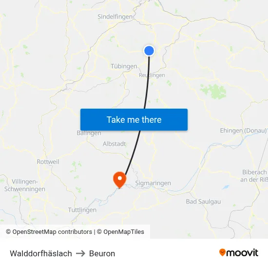 Walddorfhäslach to Beuron map