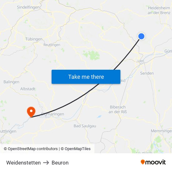 Weidenstetten to Beuron map