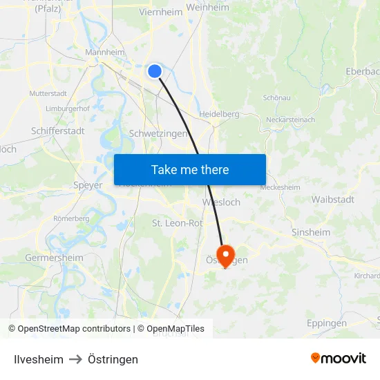 Ilvesheim to Östringen map