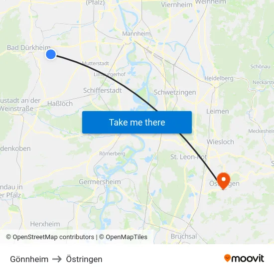 Gönnheim to Östringen map