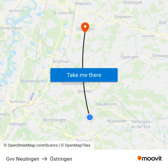Gvv Neulingen to Östringen map