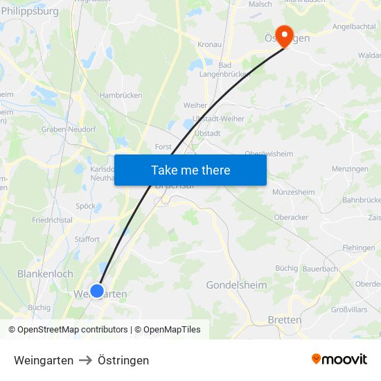 Weingarten to Östringen map