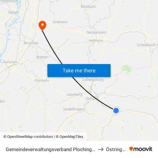 Gemeindeverwaltungsverband Plochingen to Östringen map