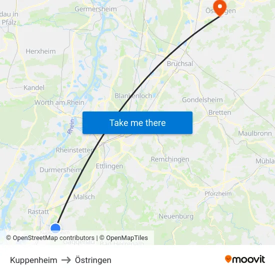 Kuppenheim to Östringen map