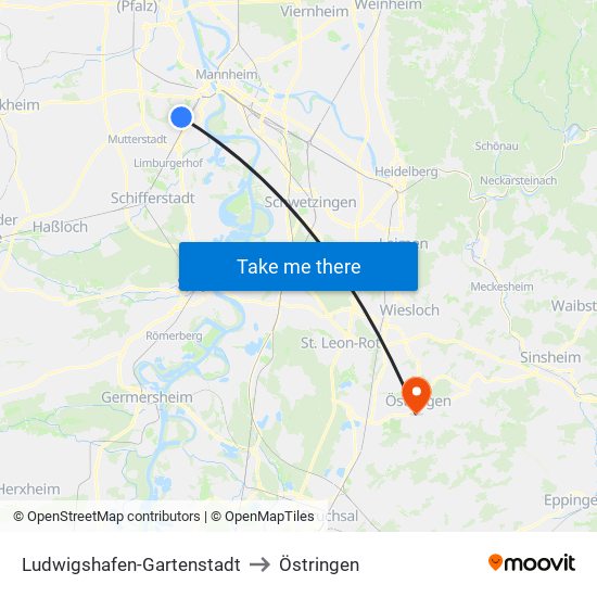 Ludwigshafen-Gartenstadt to Östringen map