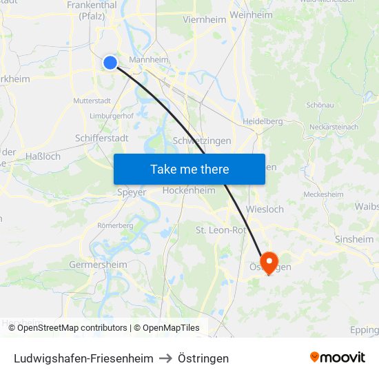 Ludwigshafen-Friesenheim to Östringen map