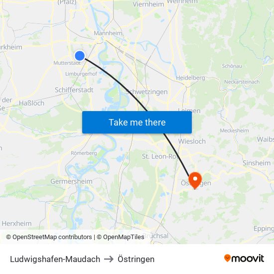 Ludwigshafen-Maudach to Östringen map