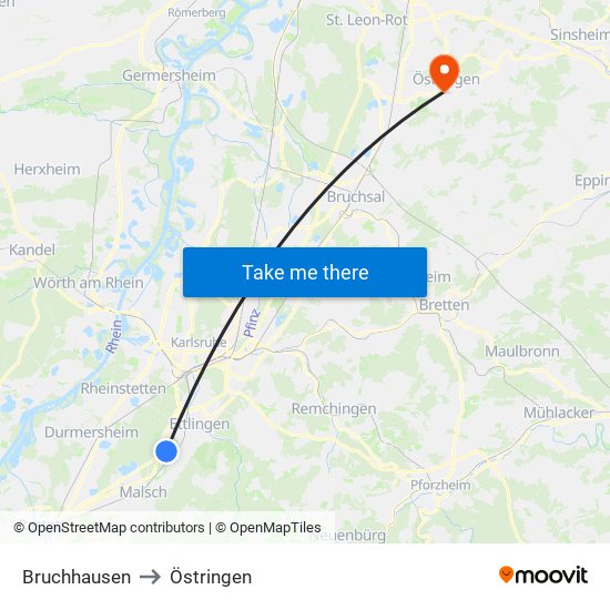 Bruchhausen to Östringen map
