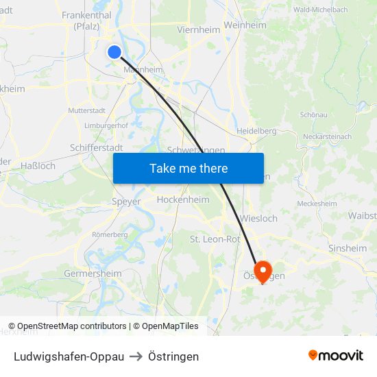 Ludwigshafen-Oppau to Östringen map