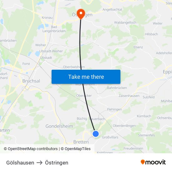 Gölshausen to Östringen map