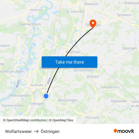 Wolfartsweier to Östringen map