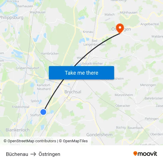 Büchenau to Östringen map