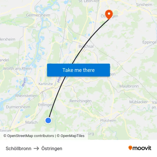 Schöllbronn to Östringen map