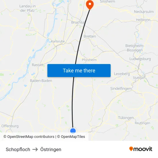 Schopfloch to Östringen map