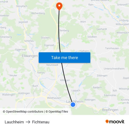 Lauchheim to Fichtenau map