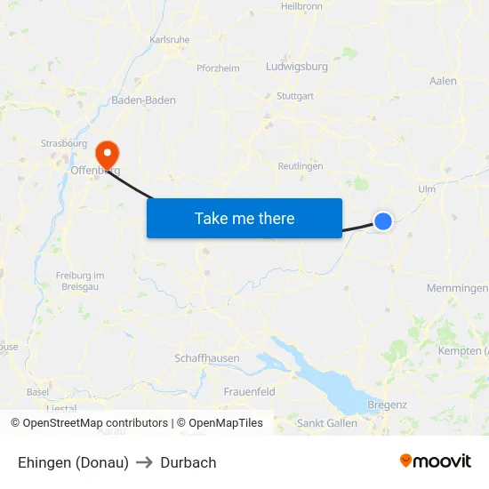 Ehingen (Donau) to Durbach map