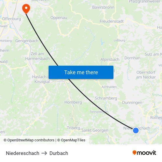 Niedereschach to Durbach map