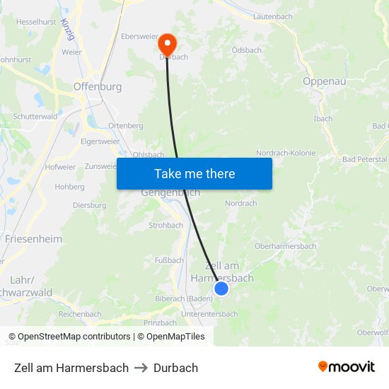 Zell am Harmersbach to Durbach map