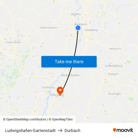 Ludwigshafen-Gartenstadt to Durbach map