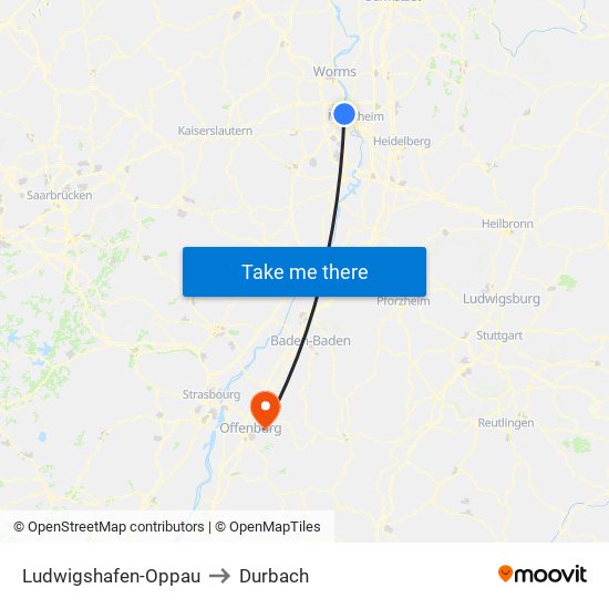 Ludwigshafen-Oppau to Durbach map