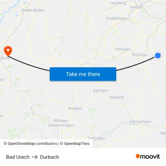 Bad Urach to Durbach map