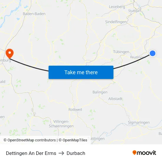 Dettingen An Der Erms to Durbach map