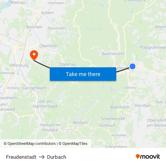 Freudenstadt to Durbach map