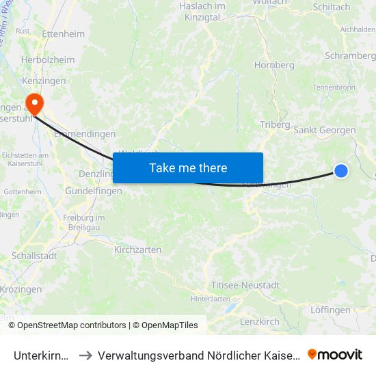 Unterkirnach to Verwaltungsverband Nördlicher Kaiserstuhl map