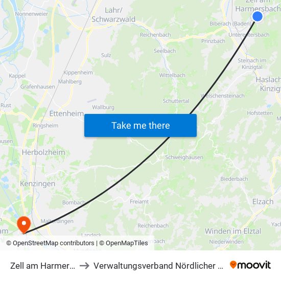 Zell am Harmersbach to Verwaltungsverband Nördlicher Kaiserstuhl map
