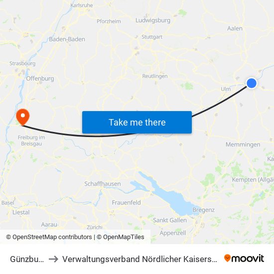Günzburg to Verwaltungsverband Nördlicher Kaiserstuhl map