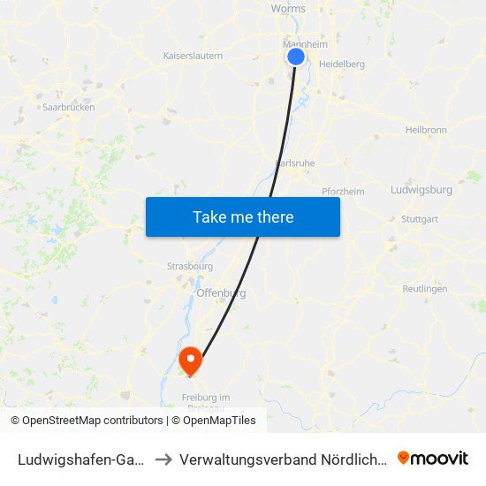 Ludwigshafen-Gartenstadt to Verwaltungsverband Nördlicher Kaiserstuhl map