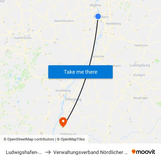 Ludwigshafen-Oppau to Verwaltungsverband Nördlicher Kaiserstuhl map