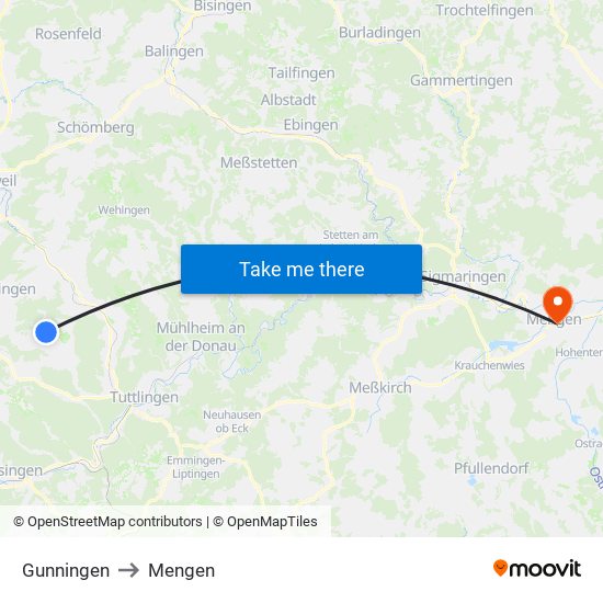 Gunningen to Mengen map