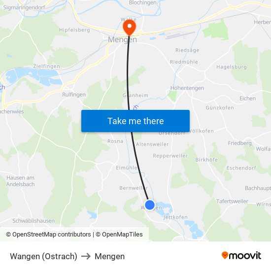 Wangen (Ostrach) to Mengen map