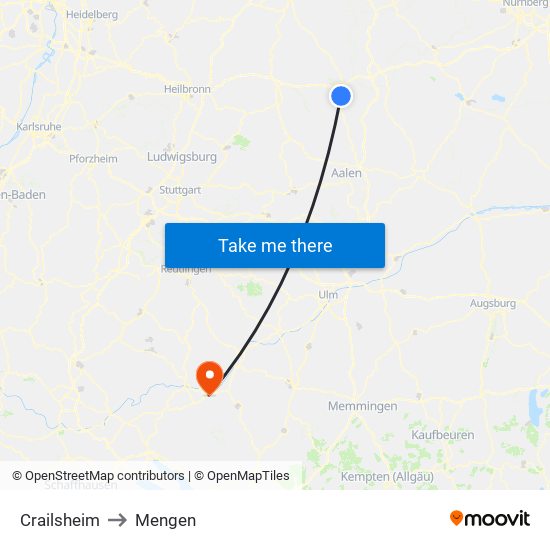 Crailsheim to Mengen map