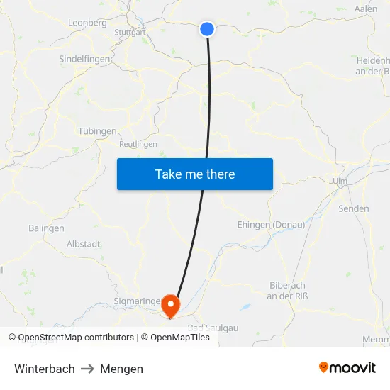 Winterbach to Mengen map