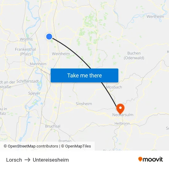 Lorsch to Untereisesheim map