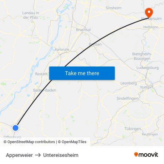 Appenweier to Untereisesheim map