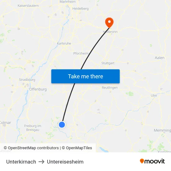 Unterkirnach to Untereisesheim map