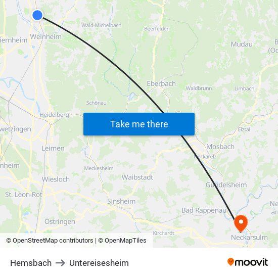 Hemsbach to Untereisesheim map