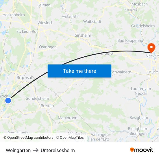 Weingarten to Untereisesheim map