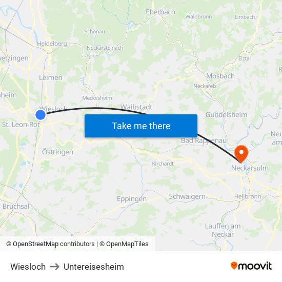 Wiesloch to Untereisesheim map