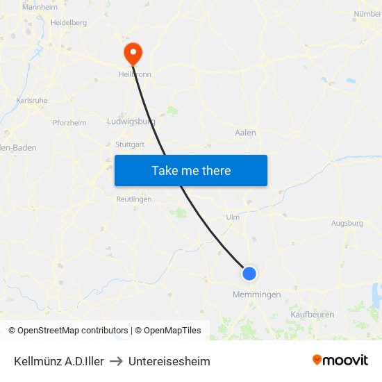 Kellmünz A.D.Iller to Untereisesheim map