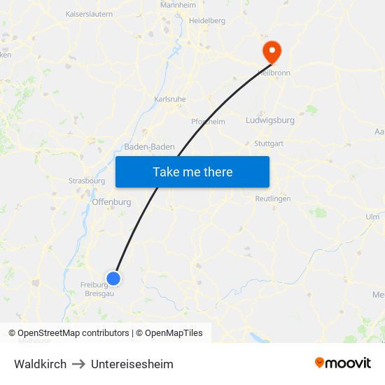 Waldkirch to Untereisesheim map